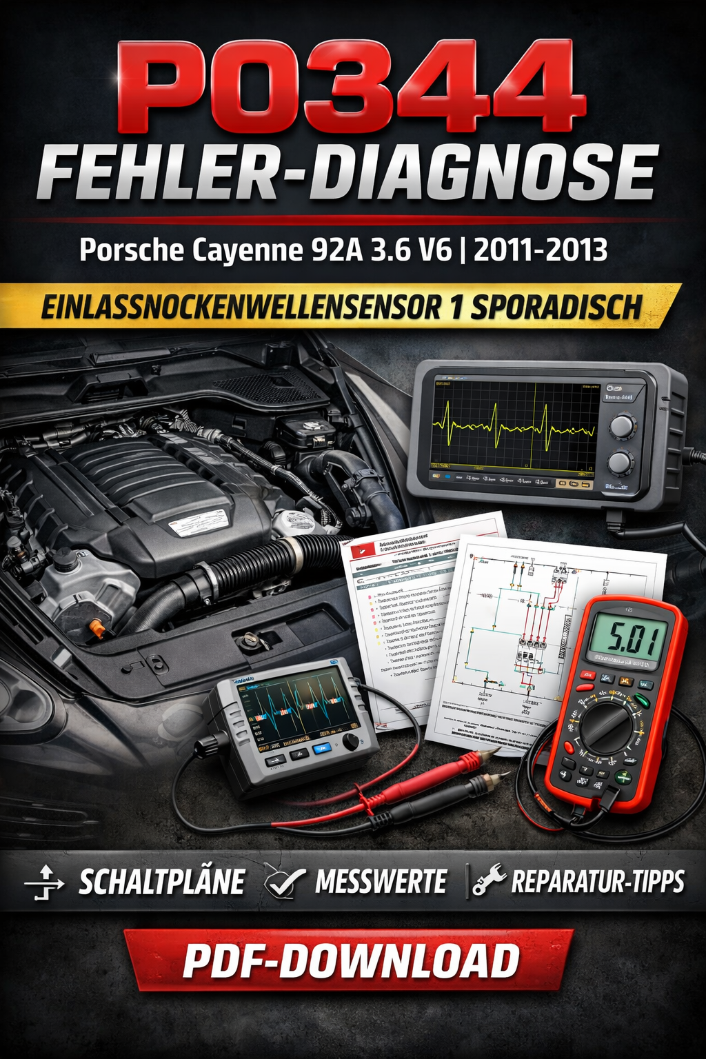 P0344 - Stromkreis Einlassnockenwellensensor 1 sporadisch PORSCHE Cayenne (92A) 3.6 V6 2011 - 2013 Bosch MED 17.1.6 UDS Automatikgetriebe